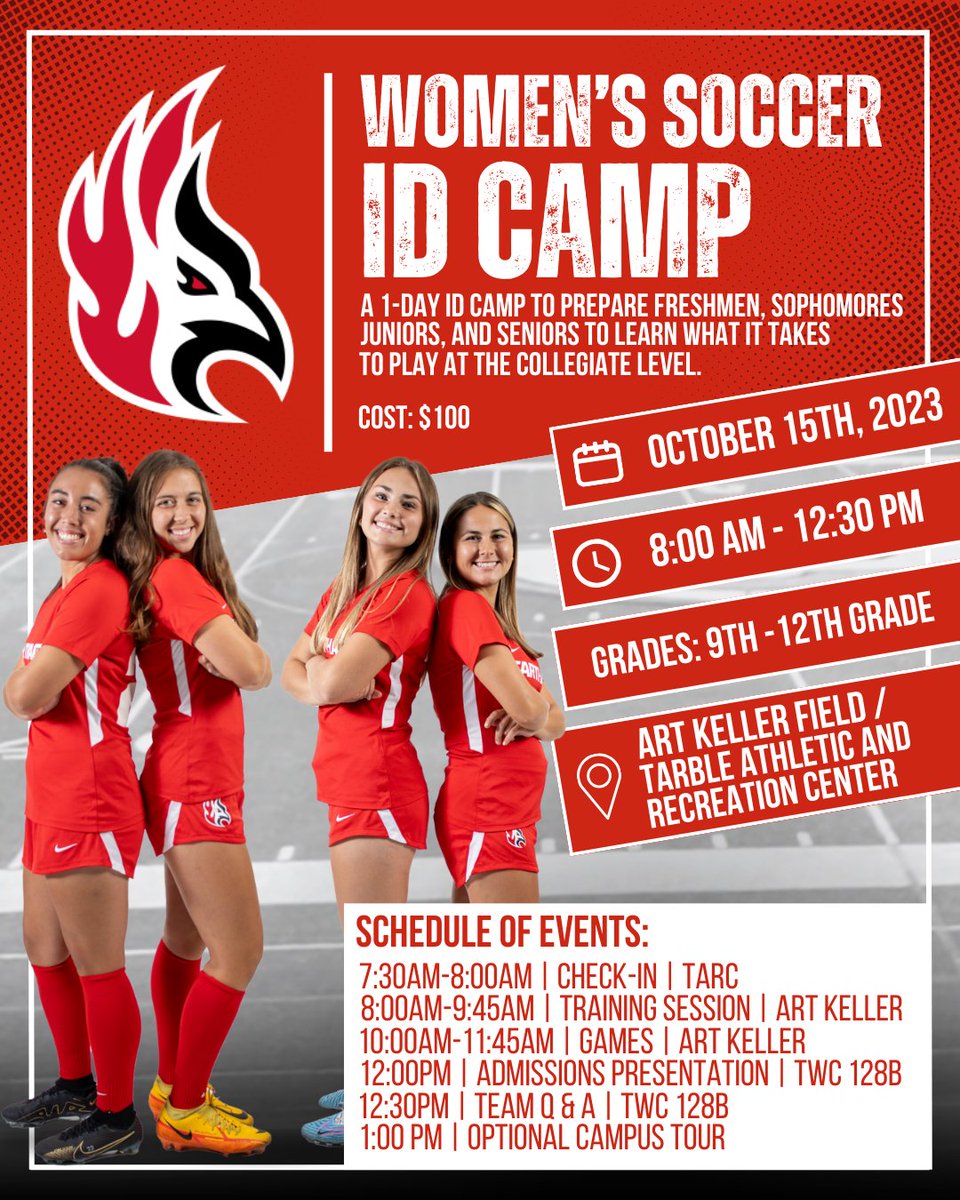 Don't forget to sign up for our 2023 Carthage Women's Soccer ID Camp on Sunday, Oct. 15!!! Campers are also invited to attend the Firebirds game against Wheaton College on Saturday, Oct. 14 at 1 pm!

Sign up: bit.ly/3ZQvk83