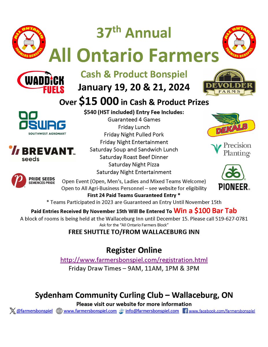 FarmersBonspiel's tweet photo. Registration is now open for the 37th Annual All Ontario Farmers Bonspiel! Head on over to our registration page to enter your team. All paid entries received by November 15th will be entered into our $100 Bar Tab Early Bird Draw! #ontag #curling https://t.co/w1ToRqX1Mu https://t.co/7RE6BTDEAF