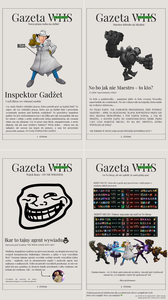 WhiteersCup's tweet photo. NOWA GAZETA JUZ DOSTĘPNA!

Wystarczy kliknąć na obraz, żeby zobaczyć całość!

W gazecie znajdziecie:

- @MaestroVEsports vs @GTS_sleep 

- Inspektor Gadżet jako Bless

- Związek konspiracyjny przeciwko Maestro 

- @ikarusek to tajny agent wywiadu

Następna gazeta już wkrótce! 😎 https://t.co/XvL9mNMn1A