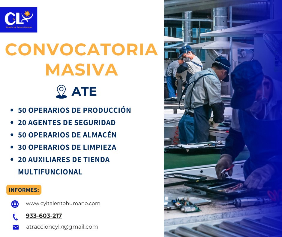 ConsultoraCyL's tweet photo. 🧐 ¿Buscando ofertas laborales en #Ate? 🧐  No pierdas la oportunidad y postula con nosotros.    ¿Interesado? 🤔𝗟𝗟𝗘𝗡𝗔 𝗘𝗟 𝗙𝗢𝗥𝗠𝗨𝗟𝗔𝗥𝗜𝗢 y empieza con el proceso de convocatoria 
📍 https://t.co/NZ1CiX2d50 

#ConvocatoriaLaboral #Trabajo #TrabajoLima #EMPLEO #CHAMBA https://t.co/uZTAjMY0E1