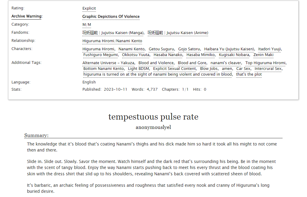 ㅡ tempestuous pulse rate

> my #higunana fic for <a href="/JJKOasisZine/">Oasis: A JJK Rare Pair Zine 🏝</a> ♥
> 4.7k words | explicit 
> link below