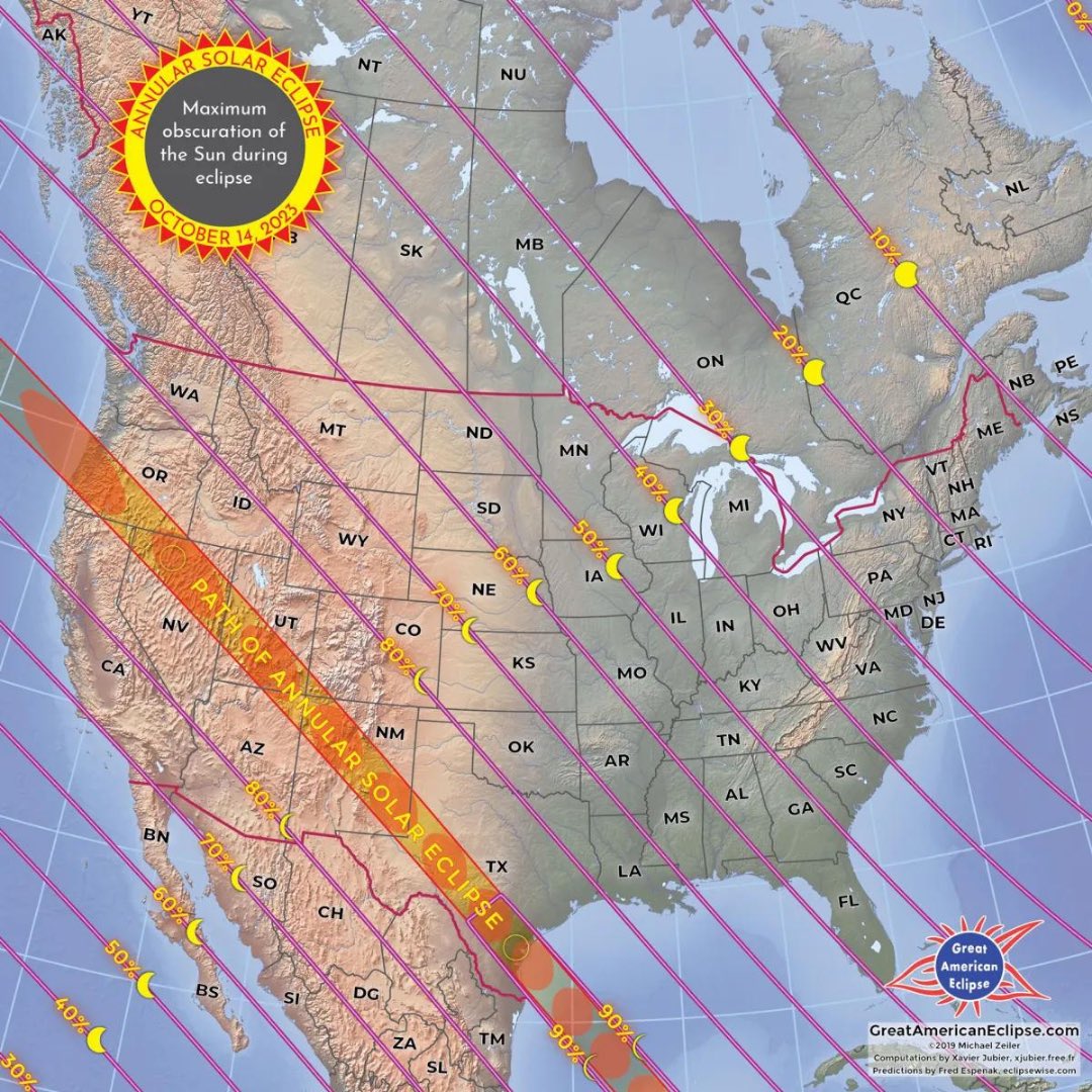 EclipseFests's tweet image. Witness the &apos;Ring of Fire&apos;! 🌒

Mark your calendars for October 14th, 2023!
Check out this map and time table to find out where and when you can catch it!

Map &amp;amp; information source from @NASA 

#eclipsefest #SolarEclipse #annulareclipse