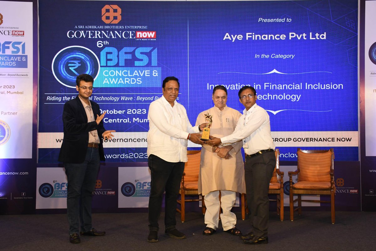 bygovernancenow's tweet photo. #BFSIConclave | #BFSIAwards

Congratulations Aye Finance Pvt. Ltd for winning the award under the Category "Innovation in Financial Inclusion Technology" at the Governance Now 6th India BFSI Awards 2023 | 12th October in ITC Grand Central, Mumbai. https://t.co/XmwG5BYyZm