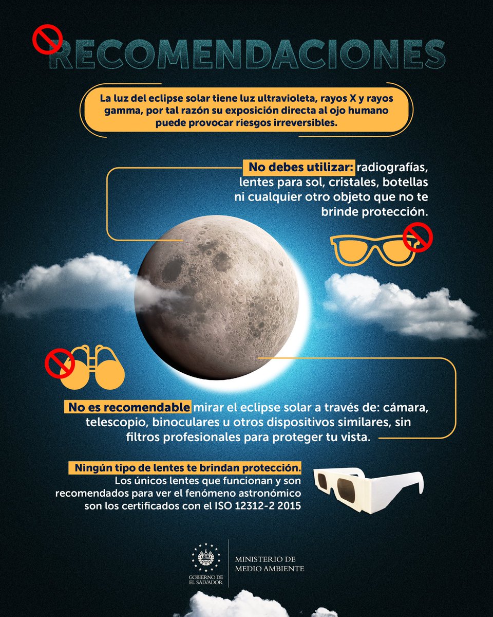 jonafilms's tweet photo. @MedioAmbienteSV El eclipse que ocurrirá este sábado 1️⃣4️⃣ de octubre es un fenómeno que debes disfrutar de forma segura. ✅

⚠️ Observar este evento astronómico directamente puede provocar quemaduras y lesiones en los ojos. Te compartimos algunas recomendaciones: ⬇️ https://t.co/p7rKyci3HF
