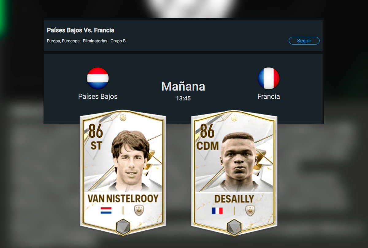 tutiofifa's tweet photo. Hoy
-Si gana Colombia dan a Córdoba Héroe 83
-Si gana Uruguay dan a Forlán Héroe 83

Mañana
-Si gana P. Bajos dan a Nistelrooy icono 86
-Si gana Francia dan a Desailly icono 86

Si hay empates, igual darán uno de cada uno.
Se recibe iniciando sesión poco después del partido. https://t.co/ZrVaueZdcz