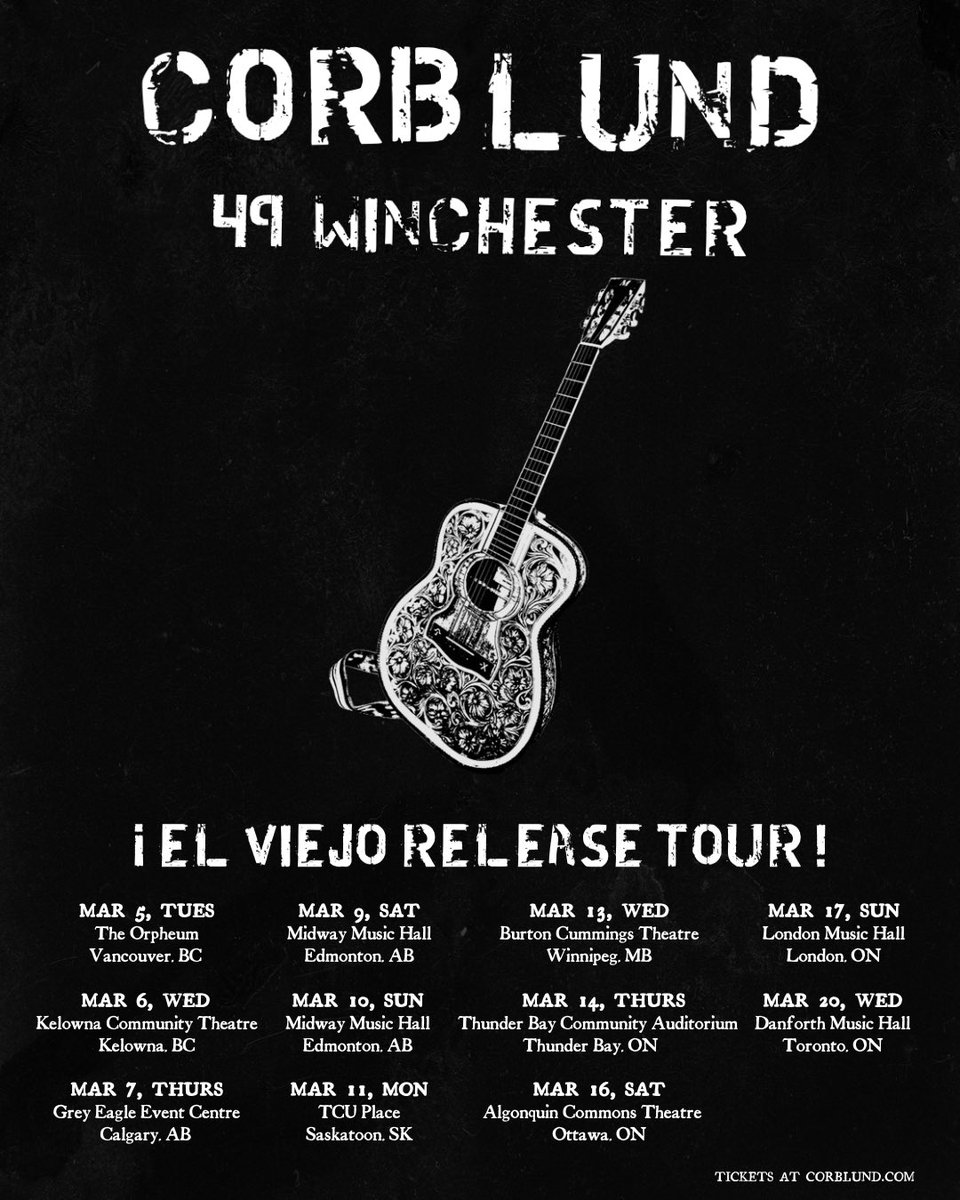 Honored &amp; excited to be heading North next March with the legend @corblund on his Canadian Tour! 🇨🇦

Tickets on sale 10/19 at 10am local time or get yours early starting Friday 10/13 at 10am local with artist presale code: OFDF 🎟️ 49winchester.com/tour

#49Winchester #CorbLund