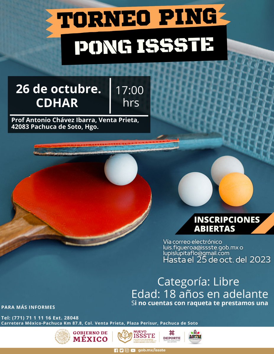 IsssteHidalgo's tweet image. Las Oficinas de @IsssteHidalgo, te invitan al Torneo de #PingPongIssste, el próximo 26 de octubre a las 17:00 hrs, en el Centro Deportivo Hidalguense y de Alto Rendimiento del @deportehidalgo consulta las bases. Tienes hasta el 25 de octubre. 

¡Participa! 

#NuevoIssste