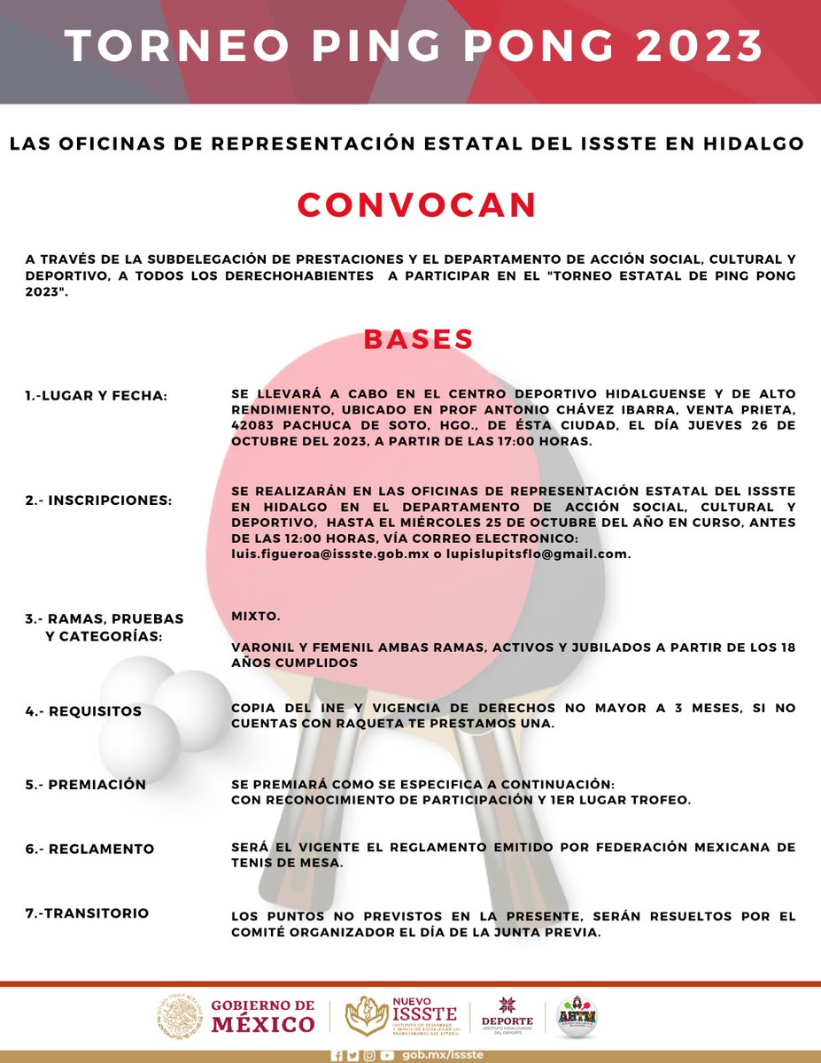 IsssteHidalgo's tweet image. Las Oficinas de @IsssteHidalgo, te invitan al Torneo de #PingPongIssste, el próximo 26 de octubre a las 17:00 hrs, en el Centro Deportivo Hidalguense y de Alto Rendimiento del @deportehidalgo consulta las bases. Tienes hasta el 25 de octubre. 

¡Participa! 

#NuevoIssste