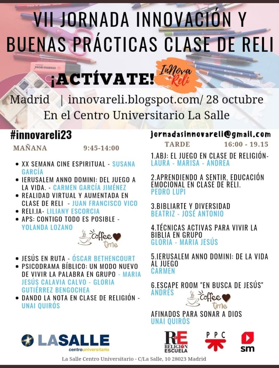 RYjara's tweet photo. 👉 ¡No olvides inscribirte en #Innovareli23 en https://t.co/5wgEI8KL2W
Os esperamos el sábado 28 de octubre con nuevas prácticas educativas para las #clasesdeReli: juegos, scape room, ApS, bibliArte...un montón de novedades.
¡Qué ganas de volver a encontrarnos!💃💃
#ReliEsMas https://t.co/6JL9D0kRRg