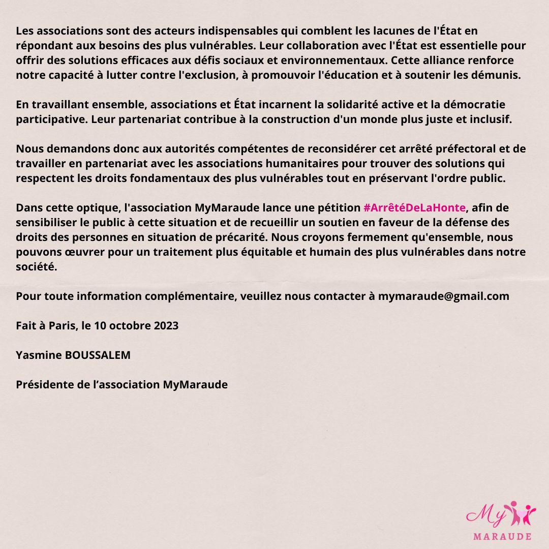 MyMaraude's tweet photo. COMMUNIQUÉ MY MARAUDE face à la décision préfectorale concernant l'interdiction des distributions alimentaires 
#ArrêtéDeLaHonte https://t.co/hIpBa0zNsk