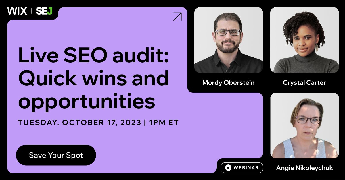 Site seem stuck in the SERPs?
Need a boost or some fresh ideas?
Ever wonder what other SEOs look for on a site?

On Oct 17, you can join @MordyOberstein, @CrystalontheWeb from @Wix and our @Juxtacognition as they share laughs, insights, tips, and techniques on sites submitted by