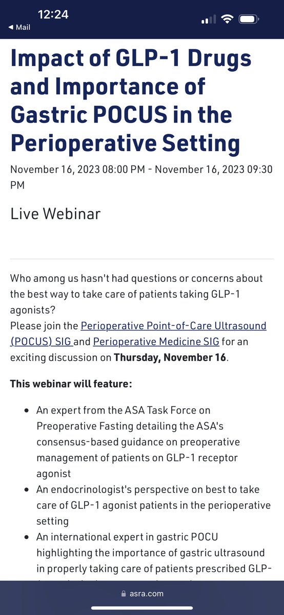 PLEASE join #PeriopMedSIG & #ASRAPOCUS for an exciting webinar discussing up-to-date perioperative mgmt GLP-1 agonst pts highlighting the importance of gastric ultrasound #POCUS @ASRA_Society @KalagaraHari @NarouzeMD @dr_melissabyrne @MonicaHarbellMD asra.com/events-educati…