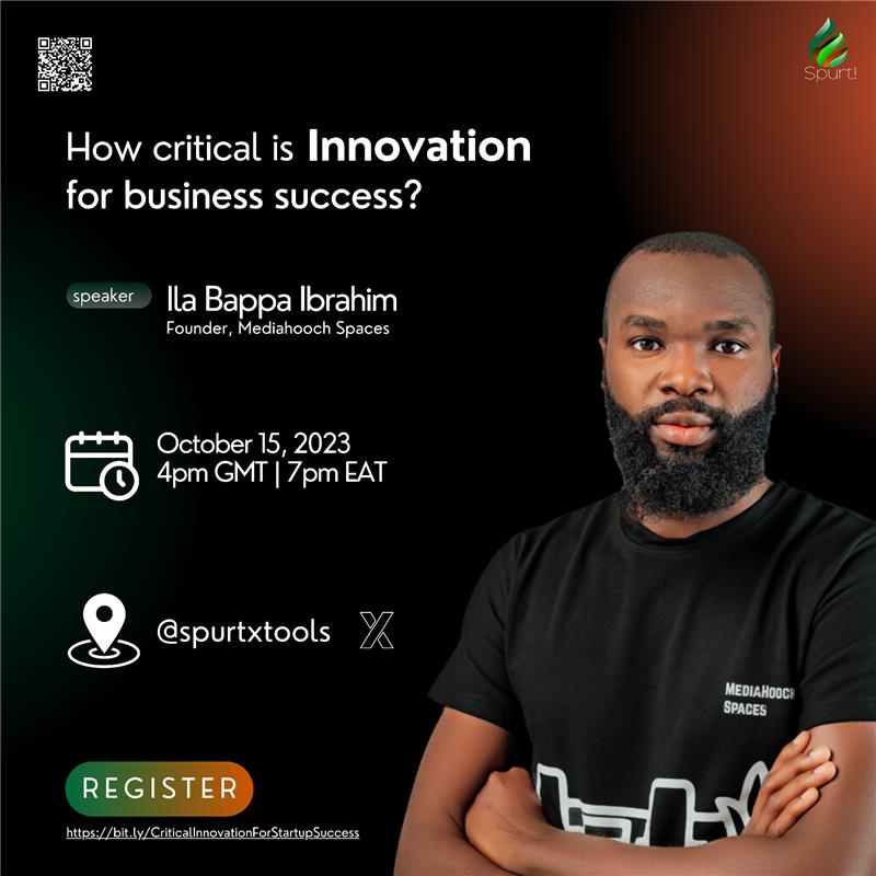 spurtxtools's tweet photo. Join us this Sunday for a Twitter Spaces Event with Ila Bappa Ibrahim, Managing Partner at Mediahooch Spaces Ltd. Explore the critical role of innovation for startup success and gain insights into the world of branding and digital marketing from a true innovator. Don't miss it! https://t.co/K017mkpgS8