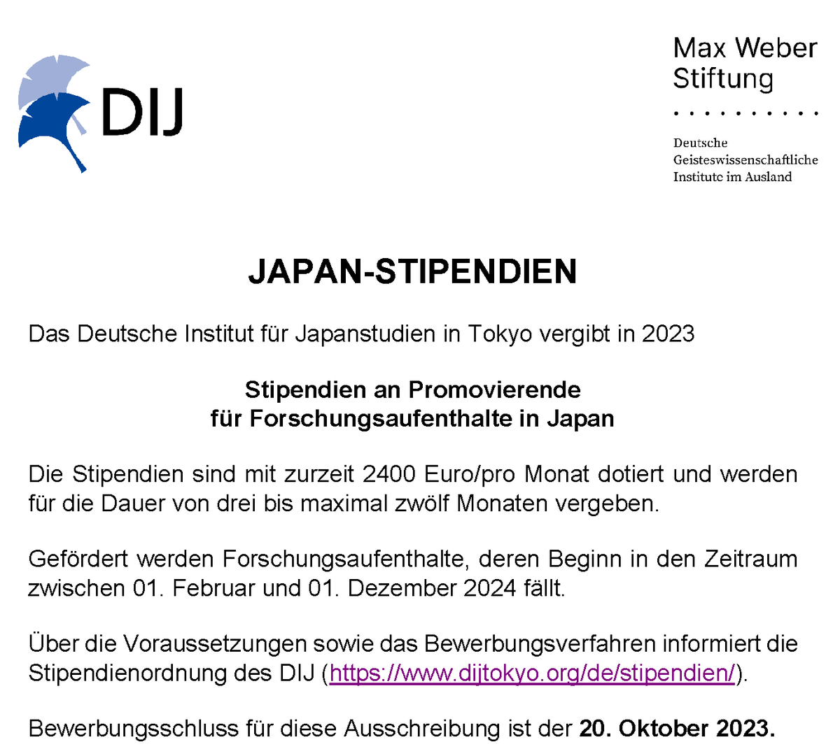 dij_tokyo's tweet photo. ⌛️Bewerbungsschluss in einer Woche: Das DIJ vergibt auch dieses Jahr wieder attraktive Japan-#Stipendien zur Förderung von Forschungsaufenthalten in #Japan (3-12 Monate) im Rahmen von Promotionsvorhaben. Details: https://t.co/DJURApTHar Deadline Freitag, 20. Oktober 2023! https://t.co/ZHIoymhNxE