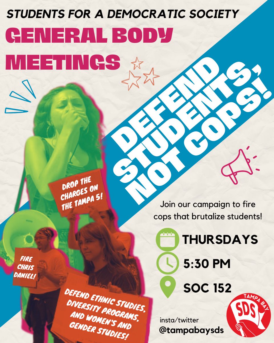 General body meeting TONIGHT & every Thursday at 5:30 PM in SOC 152! Join the student movement at USF to #DefendStudents, Not Cops!