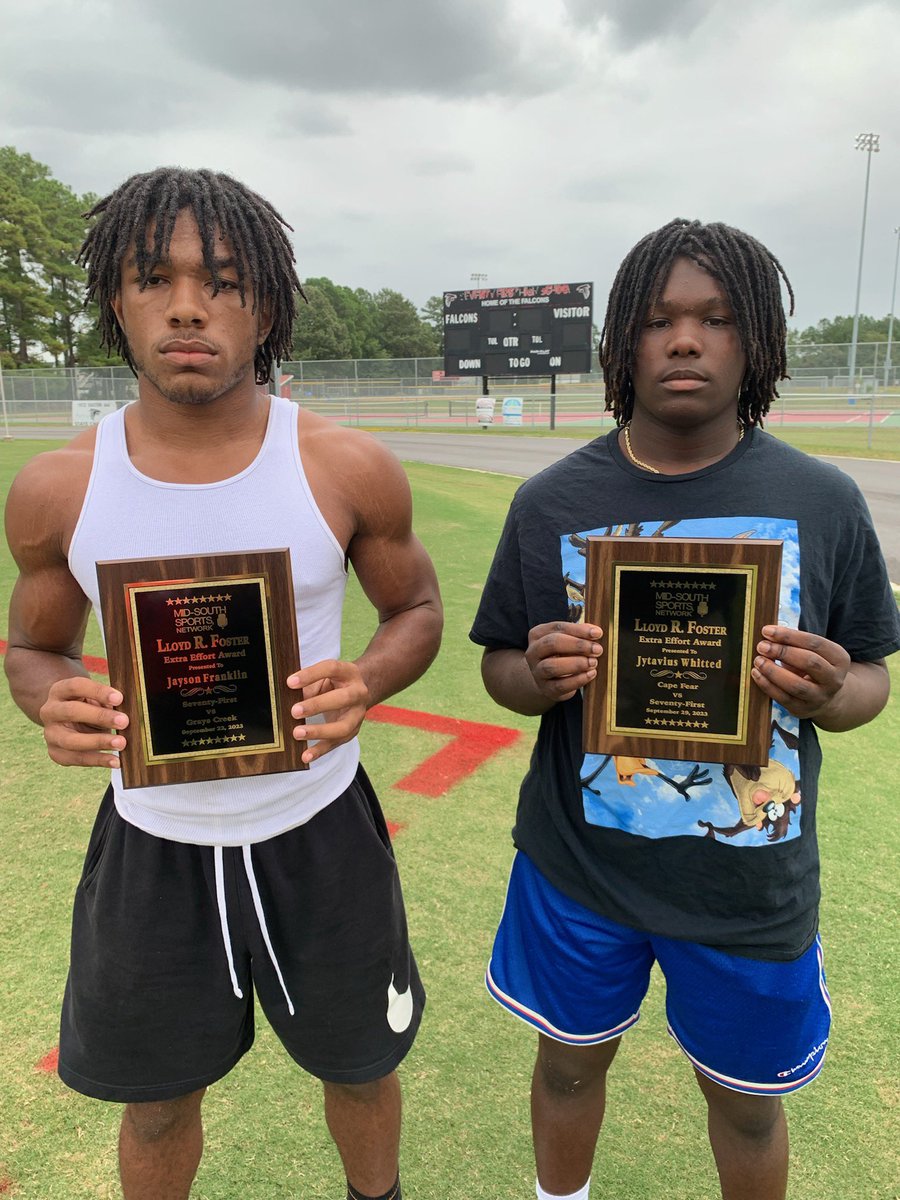 The week 6 winner of the Lloyd Foster Extra Effort Award is Jayson Franklin (left) for his efforts in the 71st Falcon win over Gray’s Creek. Jayson ran for 180 yds on 19 carries, scoring 2 TDs in the victory over the Bears. Congratulations Jayson! @thereal71sports @71sthighccs
