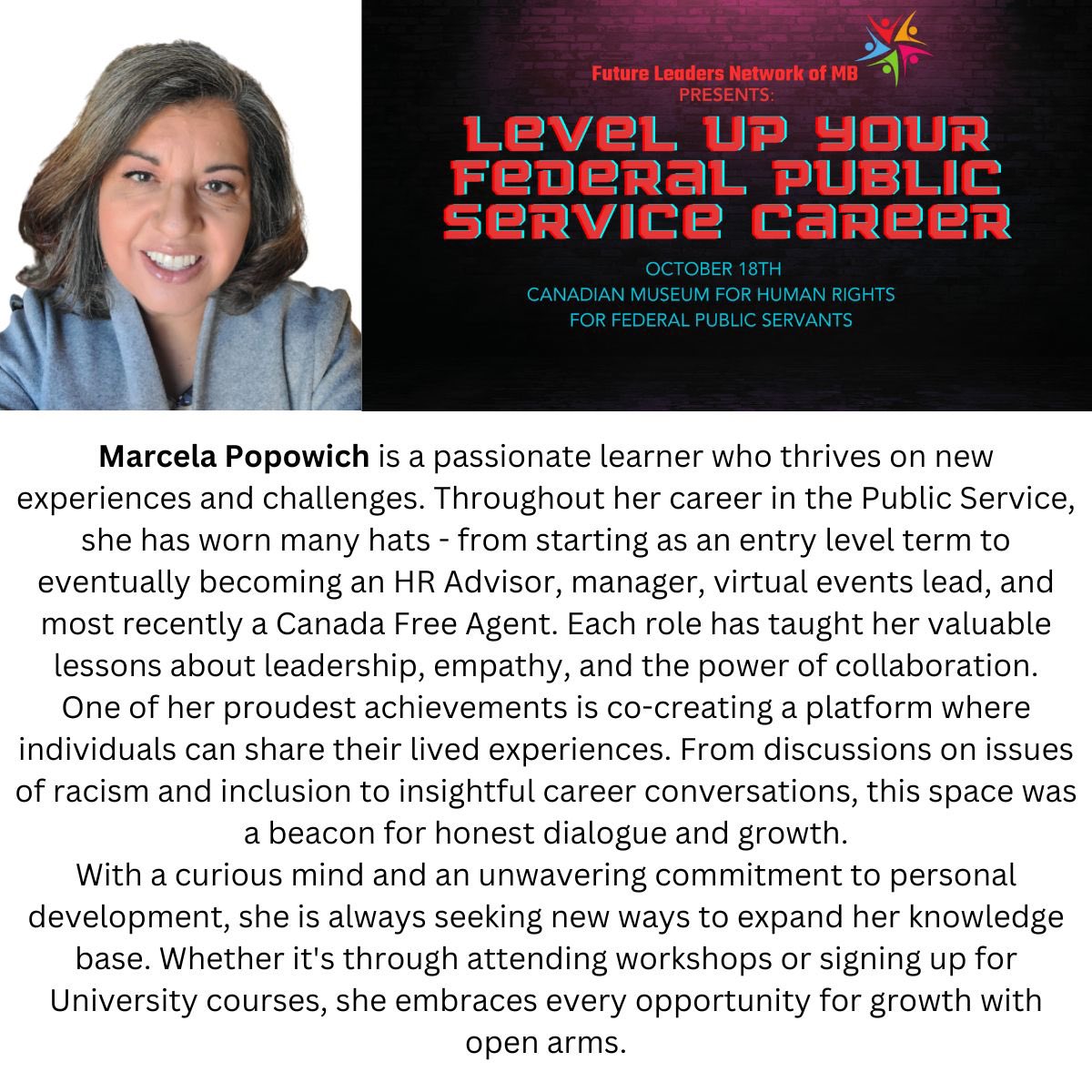fln_manitoba's tweet photo. How to get the most of your performance assessment 

2:30-3:30pm, Oct. 18 @CMHR_News 
Chris Evans, Marcela Popowich, Tammy Abel &amp; Sean Barr
 
Attendees will be able to plan &amp; execute their next career conversation.
#LeadersGC #FLNLevelUp https://t.co/thnM1vYOBs
