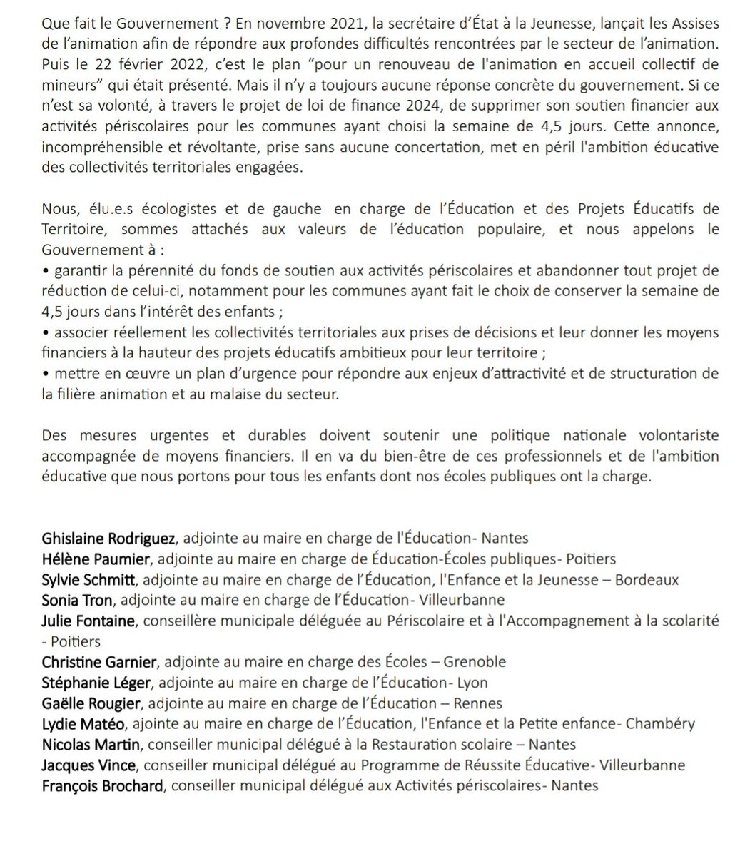 helenepaumier (@helenepaumier) on Twitter photo Merci de relayer cette lettre ouverte à <a href="/GabrielAttal/">Gabriel Attal</a> : les élu.es des villes de gauche et écolo se mobilisent pour un grand plan national de revalorisation des métiers du périscolaire.
Et il s'agit du QUOTIDIEN des enfants à l'école et de continuité éducative ! Merci de relayer cette lettre ouverte à <a href="/GabrielAttal/">Gabriel Attal</a> : les élu.es des villes de gauche et écolo se mobilisent pour un grand plan national de revalorisation des métiers du périscolaire.
Et il s'agit du QUOTIDIEN des enfants à l'école et de continuité éducative !