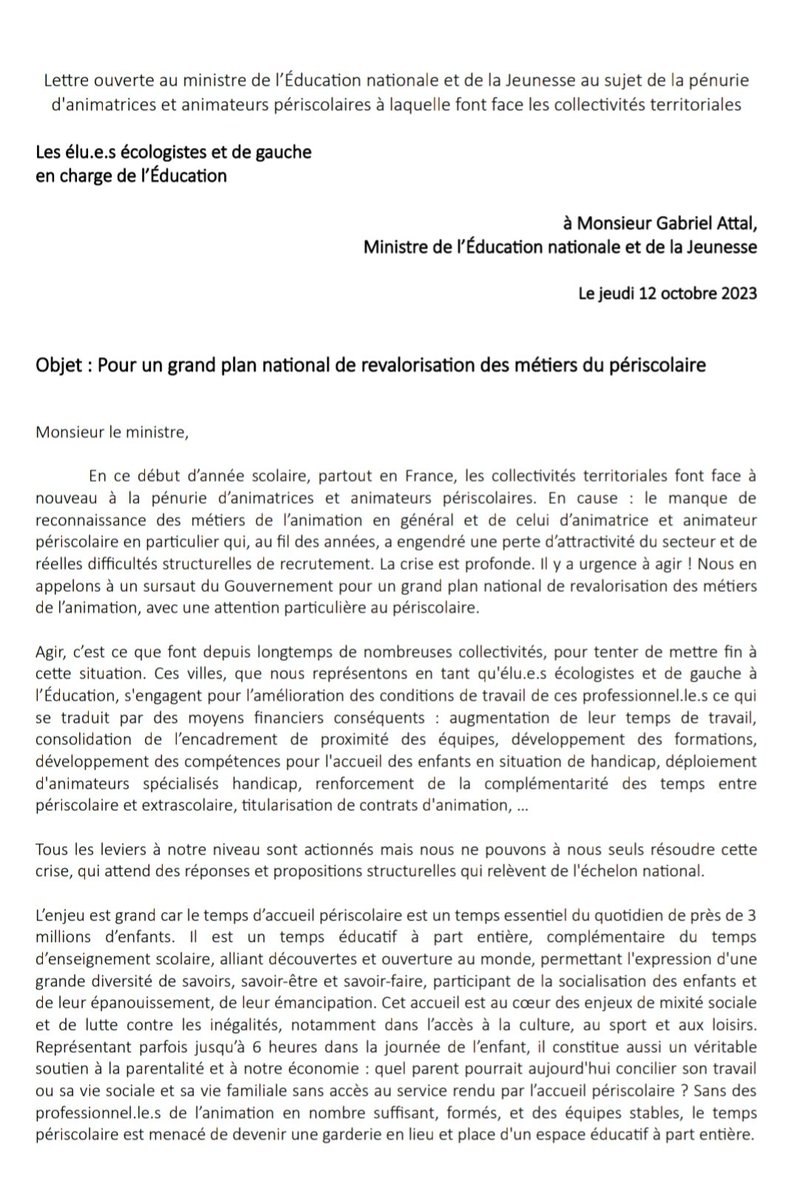 helenepaumier's tweet photo. Merci de relayer cette lettre ouverte à @GabrielAttal : les https://t.co/OOZyNbmR2v des villes de gauche et écolo se mobilisent pour un grand plan national de revalorisation des métiers du périscolaire.
Et il s'agit du QUOTIDIEN des enfants à l'école et de continuité éducative ! https://t.co/L27Rqpau6i