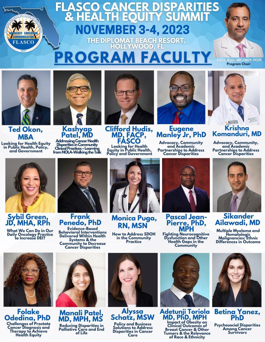 Dr. Luis E. Raez (@luisraezmd) on Twitter photo FLASCO Cancer Disparities and Health Equity Summit happening on November 3-4, 2023 in Hollywood, FL!
with <a href="/ASCO/">ASCO</a> <a href="/CliffordHudis/">Clifford Hudis</a> <a href="/KashyappatelMd/">Kashyap Patel, MD</a> <a href="/Latinamd/">Dr. Estela Rodriguez</a> <a href="/EugeneManley/">Eugene Manley, Jr., Ph.D.</a> <a href="/LLSusa/">The Leukemia & Lymphoma Society</a> <a href="/drkomanduri/">Krishna Komanduri, MD, FASTCT</a> <a href="/NCCN/">National Comprehensive Cancer Network (NCCN)</a> Alyssa Schatz and many more! <a href="/FLASCO_ORG/">FLASCO</a>
π Register here: lnkd.in FLASCO Cancer Disparities and Health Equity Summit happening on November 3-4, 2023 in Hollywood, FL!
with <a href="/ASCO/">ASCO</a> <a href="/CliffordHudis/">Clifford Hudis</a> <a href="/KashyappatelMd/">Kashyap Patel, MD</a> <a href="/Latinamd/">Dr. Estela Rodriguez</a> <a href="/EugeneManley/">Eugene Manley, Jr., Ph.D.</a> <a href="/LLSusa/">The Leukemia & Lymphoma Society</a> <a href="/drkomanduri/">Krishna Komanduri, MD, FASTCT</a> <a href="/NCCN/">National Comprehensive Cancer Network (NCCN)</a> Alyssa Schatz and many more! <a href="/FLASCO_ORG/">FLASCO</a>
π Register here: lnkd.in