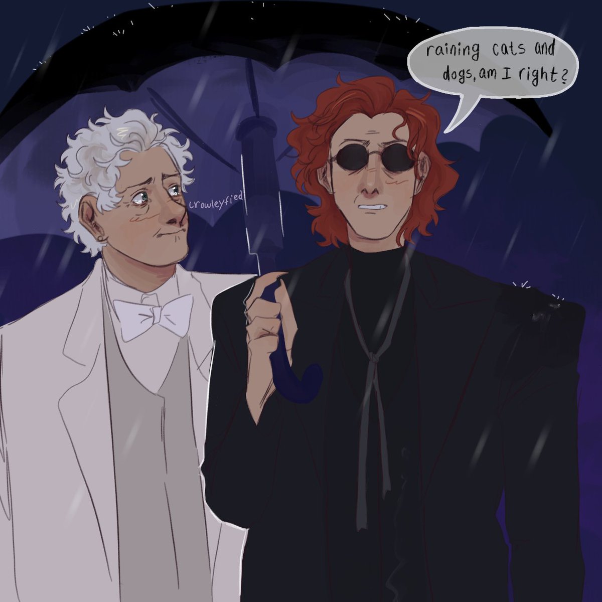 As the british say, it's raining cats and dogs or something like that.

#GoodOmensFanArt #RenewGoodOmens