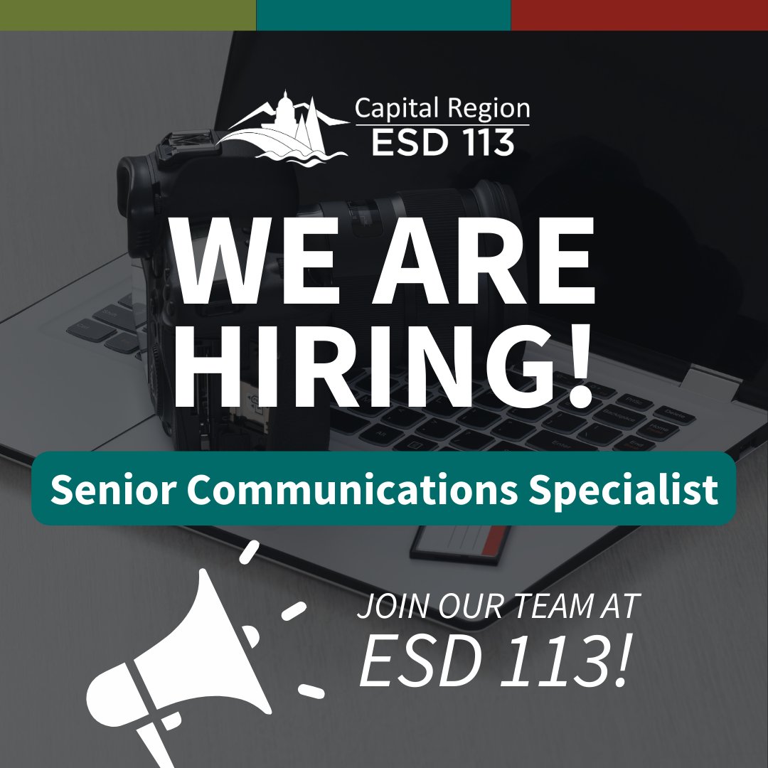Join our team! We're #hiring a Senior Communications Specialist. Apply today! bit.ly/3PPNx0J

Salary: $35.18-$42.75 Hourly
Benefits: Medical/Dental/Vision, Life/AD&amp;D insurance, FSA/DCAP, LTD insurance, Retirement/DCP, EAP, Annual/Sick Leave and Holiday Pay

#WeAreESD113