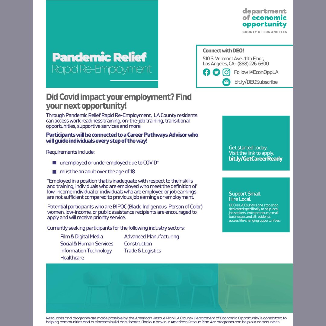 County2Work's tweet photo. Find Covid relief through Pandemic Relief Rapid Re-employment!  Access trainings, transitional opportunities, supportive services and more! 

Visit https://t.co/zscvqADDE9 to apply. https://t.co/I1xjPAstBW