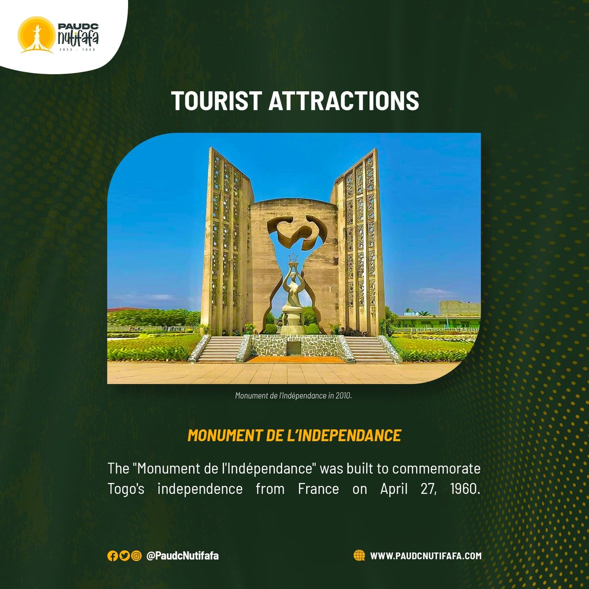 Miawoezon
On April 27, 1960, Togo declared its independence, and this iconic monument commemorates that day. Take a moment to visit this historic site, just 20 minutes away from the University of Lomé.  
#TogoIndependence  #ExploreTogo #paudcnutifafa #debate #miawoezon