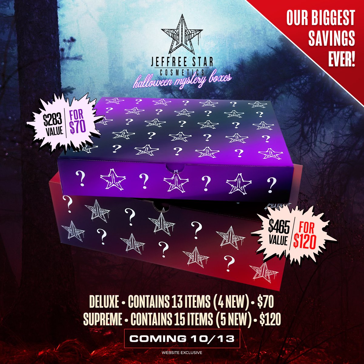 JeffreeStar's tweet photo. 😈TOMORROW😈 My famous mystery boxes for #Haloween will be launching!!! 🎃 The exclusive products are some of my favorites that we’ve EVER done!! 🕸️ https://t.co/X38y2OXW4Y