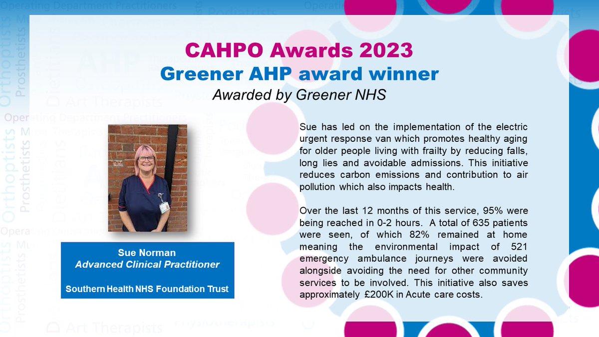 🚨#CAHPOAwards2023 for England

🍃Greener AHP Award Winner
 
⭐️Congratulations <a href="/SueNorman269/">sue Norman</a> 
Advanced Clinical Practitioner,
Southern Health NHS Foundation Trust

#AHPsDeliver 

@Southern_NHSFT <a href="/GreenerNHS/">Greener NHS</a> <a href="/theRCOT/">Royal College of Occupational Therapists</a> <a href="/WeAHPs/">WeAHPs 💙</a>