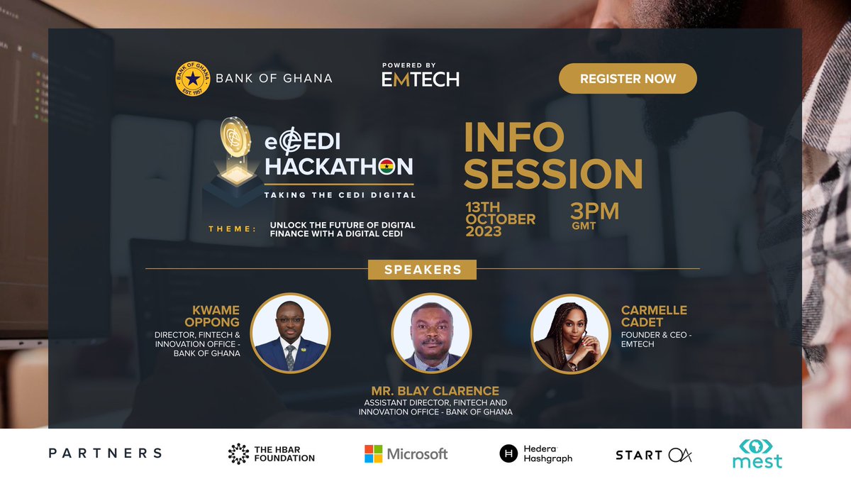 🗓️ Join Bank of Ghana's eCedi Hackathon info session tomorrow ⚡Live online ⏰ 3PM GMT

➡️ Register now: bog-gov-gh.zoom.us/webinar/regist…

#eCedi #hackathon #BankofGhana #digitalcash #CBDC #innovation #ForModernCentralBanking #BuiltOnHedera