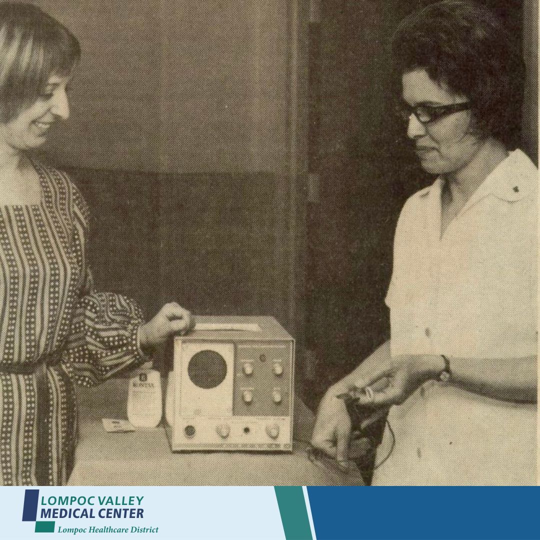 LompocVMC's tweet photo. In this scrapbook photo from the 1960s, Mrs. Don Deveny, left, of the Convair Con-Trib-Club at Vandenberg, presents Lompoc hospital nurse Katie Seyller with a $400 monitorscope used by anesthesiologists during surgery to monitor the action of the patient’s heart. https://t.co/20D9EUQn48