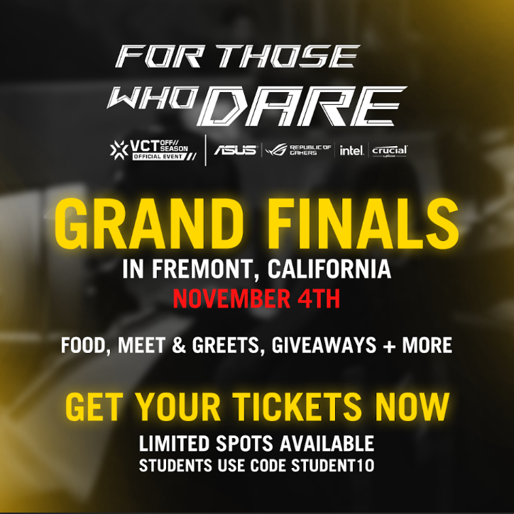 ASUS_ROGNA's tweet photo. The grand finals of our VCT OFF//SEASON tournament will be held live at the ASUS NA HQ in Fremont, CA! 

For those who wish to join us at the event, we’ll have food, activities, and more 🥳💥

Get Tickets 👉: https://t.co/hNQG2TCW6h
#ForThoseWhoDare #PoweredByROG https://t.co/ZwCRHoofb8
