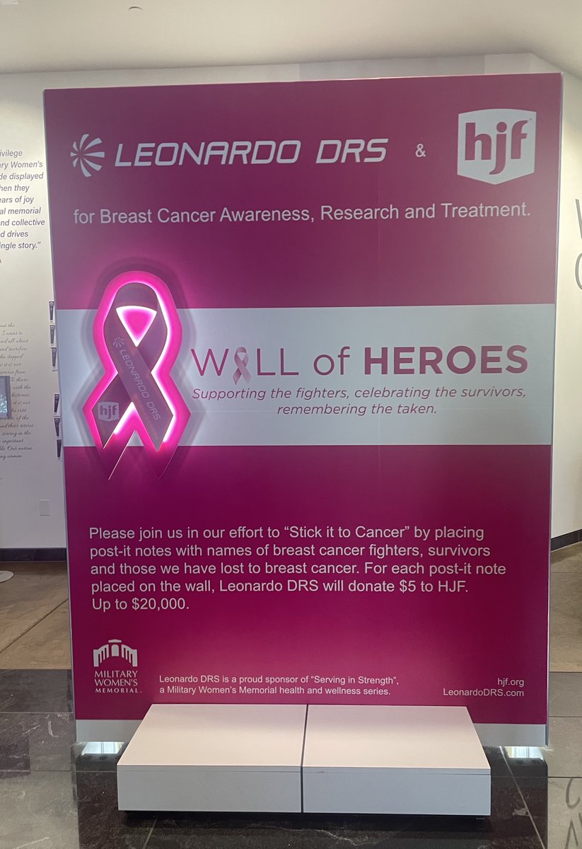 LeonardoDRSnews's tweet photo. If you missed out on our Wall of Heroes at #AUSA2023, our #StickIt2Cancer campaign didn't end there. Visit the Military Women's Memorial throughout October to raise funds to support @HJFMilMed's mission to advance military medicine.

[Photo credit to Military Women's Memorial] https://t.co/b5eYlNXCAa