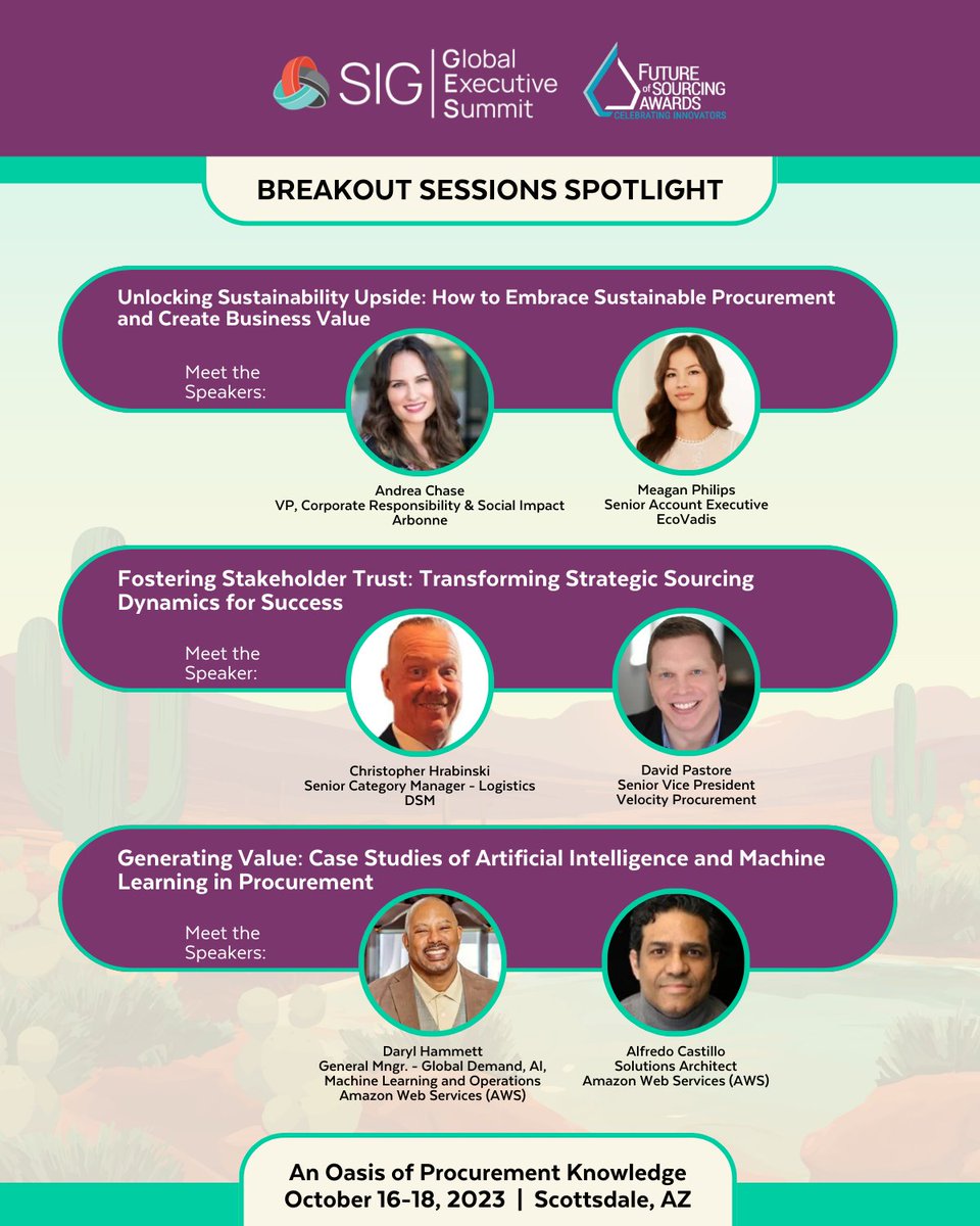 We have some outstanding breakout sessions for the GES23! 99% of them feature buy-side partners. Today we're highlighting sessions from:

- Arbonne and EcoVadis
- DSM and Velocity Procurement, LLC 
- Amazon Web Services 

More info: brnw.ch/21wDsN0