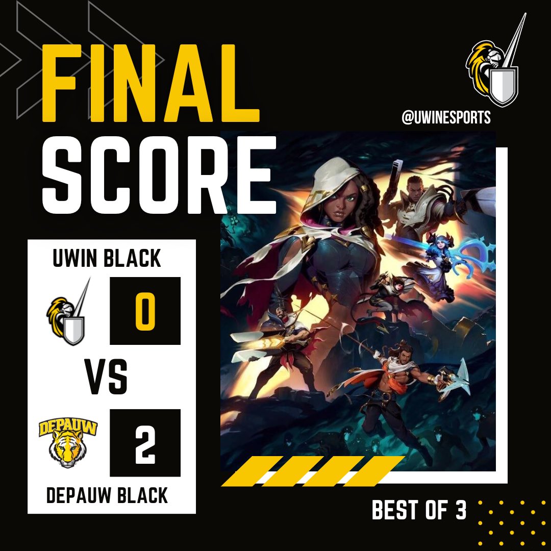 #LoLBlack put up a good fight but fell 0-2 to <a href="/DepauwEsports/">DePauw Esports</a> in <a href="/neccgames/">NECC</a> last night. GGs! ⚔️⚫️

#UWindsorLoL #UWinEsports #Windsor