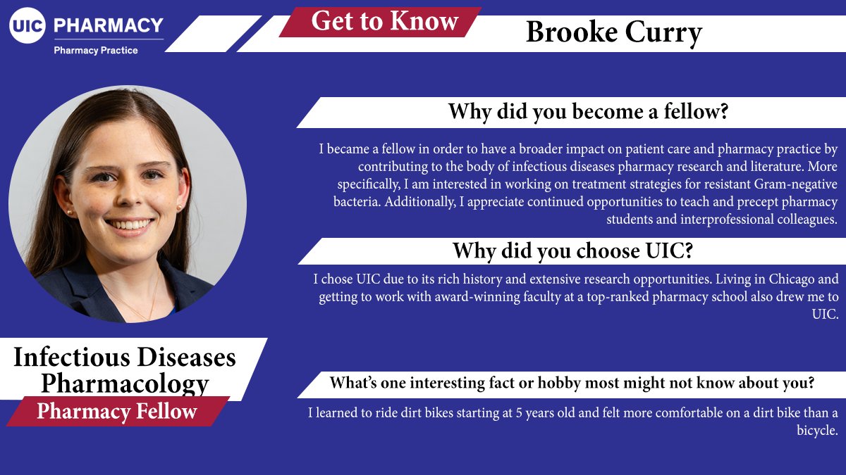 UIC Dept Pharmacy Practice (@uicphpr) on Twitter photo Get to know our fellow, Dr. Curry! <a href="/BrookeIDPharmer/">Brooke Curry, PharmD</a>
She received a PharmD at <a href="/CUPharmacy/">CU Pharmacy</a> Skaggs School of Pharmacy & Pharmaceutical Sciences, PGY1 Pharm Res at <a href="/TCHCareers/">Texas Children's People</a>, PGY2 Infectious Diseases Pharm Res at <a href="/UConn/">UConn</a> & joined our Department as an ID Pharmacology Fellow. Get to know our fellow, Dr. Curry! <a href="/BrookeIDPharmer/">Brooke Curry, PharmD</a>
She received a PharmD at <a href="/CUPharmacy/">CU Pharmacy</a> Skaggs School of Pharmacy & Pharmaceutical Sciences, PGY1 Pharm Res at <a href="/TCHCareers/">Texas Children's People</a>, PGY2 Infectious Diseases Pharm Res at <a href="/UConn/">UConn</a> & joined our Department as an ID Pharmacology Fellow.