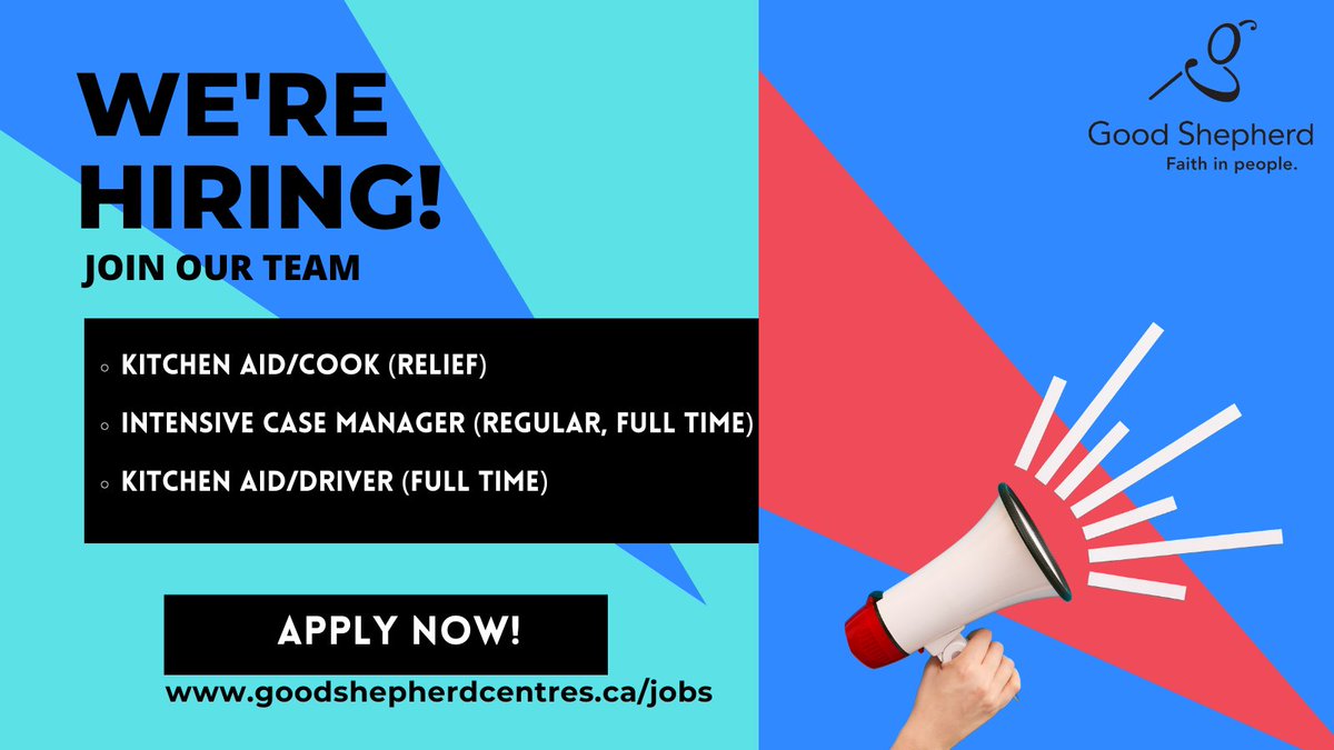 Good Shepherd is hiring! Check out our website for the latest openings. goodshepherdcentres.ca/jobs