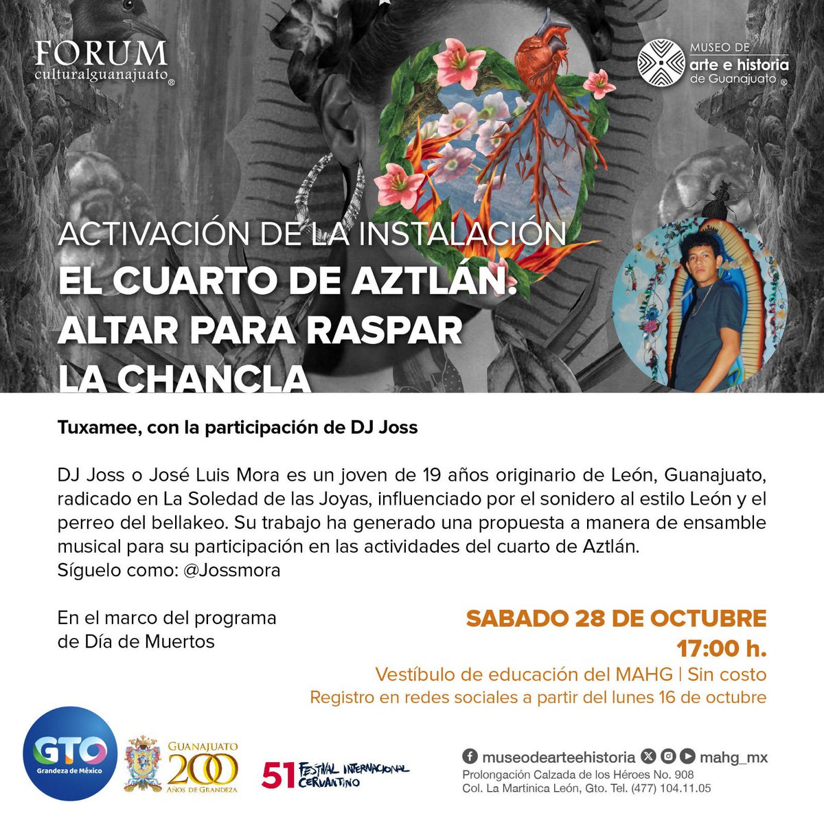 @MiEstiloBajio @ForumCultural @cervantino @CulturaLeon @ULaSalleBajio @TeatrodelB En el #MAHG podrán disfrutar  de 4 exposiciones temporales, la instalación #ElCuartoDeAztlán con #Tuxamee 🇺🇸 país invitado de honor #51FIC incluyendo activaciones sonoras con DJ Joss  (cumbia bellakea), taller de collage,  #NochesDeMuseos y conversatorio @TanyaHuntington 🇺🇸