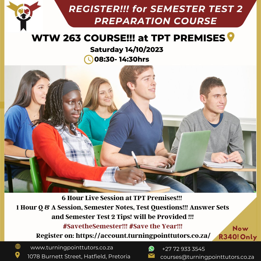 TptTutors's tweet image. REGISTER TODAY! For WTW263 and NMC123 courses starting this Sunday!!!
Register on : account.turningpointtutors.co.za
turningpointtutors.co.za. Send us a message via WhatsApp (+27 72 933 3545) #TurningPointTutors #Engweek #Testweek #Exams