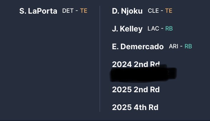 BillySpasovski's tweet photo. @TheFFBallers @datavizuals Did I over pay for Laporta ? Dynasty league Superflex https://t.co/Zb7pwJMGKN