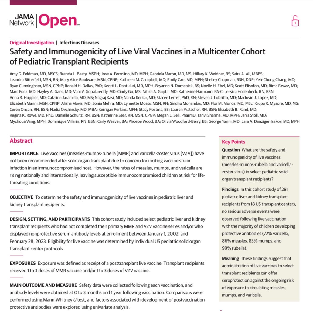 🎉 Exciting News Alert! Thrilled to share Dr.Feldman’s latest work in pediatric organ transplant recipients! Check out the groundbreaking article that aims to shift the paradigm of live viral vaccination. jamanetwork.com/journals/jaman… #PediatricLiverTransplant