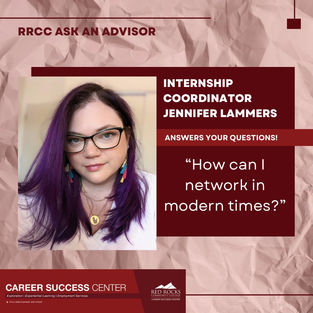 RRCC_CSC's tweet photo. #AskanAdvisor is back with Internship Coordinator Jennifer Lammers!!

Today's question:
How can I network in modern times?

Stop by the Career Success Center  or set up an appointment to meet with Jennifer, Marie, or Evan for all your advising needs!

#rrcc #csc #careersuccess https://t.co/m1SAzx92W4