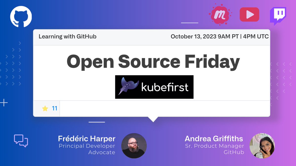 GitHubCommunity's tweet image. Dive into #Kubernetes tools this Open Source Friday!  🚀 Join @alacolombiadev and @fharper to explore @Kubefirst, a free &amp;amp; open source tool for GitOps Infrastructure &amp;amp; Application Delivery.

Excited? Us too! RSVP here: gh.io/kubefirst 
#OpenSourceFriday