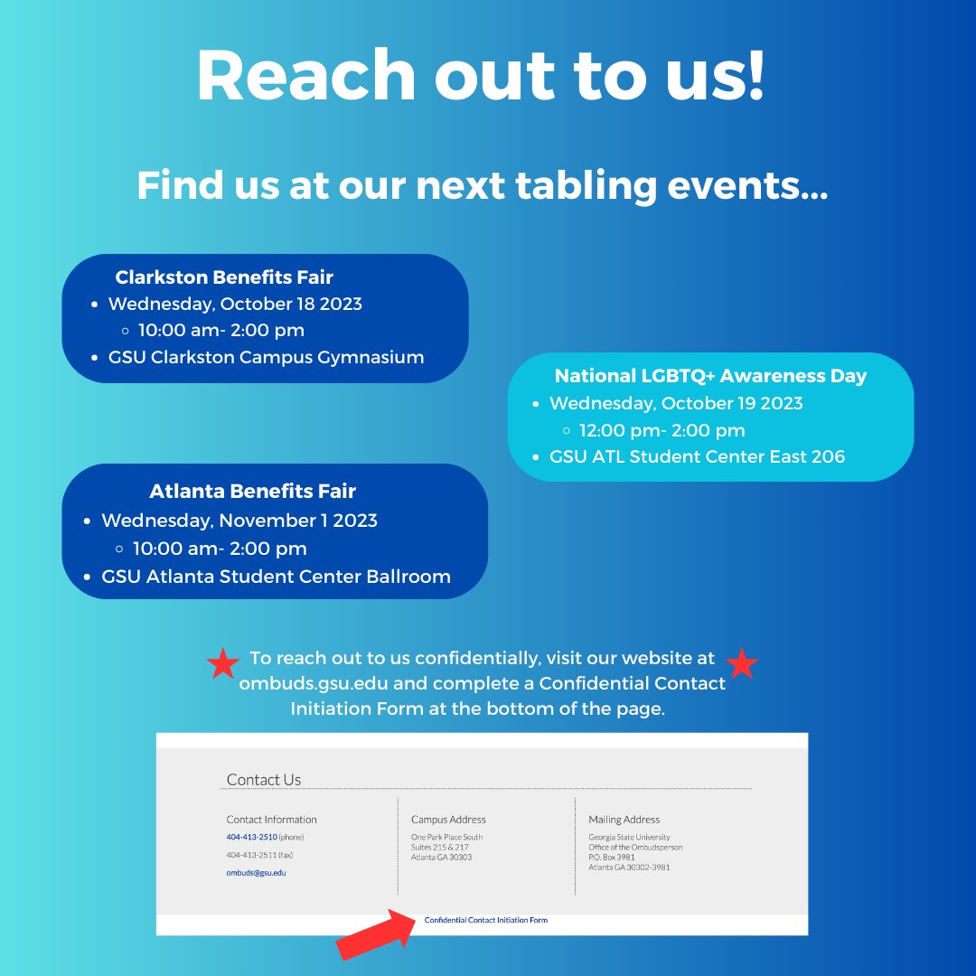 Happy #OmbudsDay ! On the second Thursday of October we celebrate Ombuds day; check out the slides to find out more about what the GSU Ombuds does around campus and where you can find us next!
#Thestateway #OmbudsDay2023 #IOA #ConflictManagement #Ombudsperson