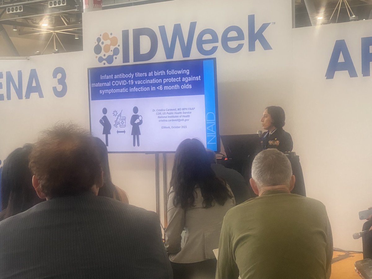 Great science here ⁦⁦@IDWeekmtg⁩. Dr. Cardemil presents compelling data on Covid vaccines in pregnancy protecting babies. ⁦@IDCRC_LG⁩