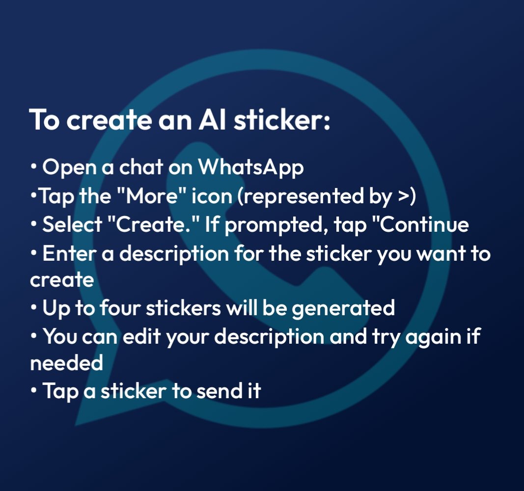 TrandingWhy's tweet photo. 🌟 WhatsApp's new Ai stickers!
Now you can create own sticker just type something, and your stickers are ready to use!
You can report or add stickers to your favorite.
Remember, it's in only English for now and available in some places.✨🎉
#WhatsAppAIStickers #WhatsApp https://t.co/Cr7aR17bUX