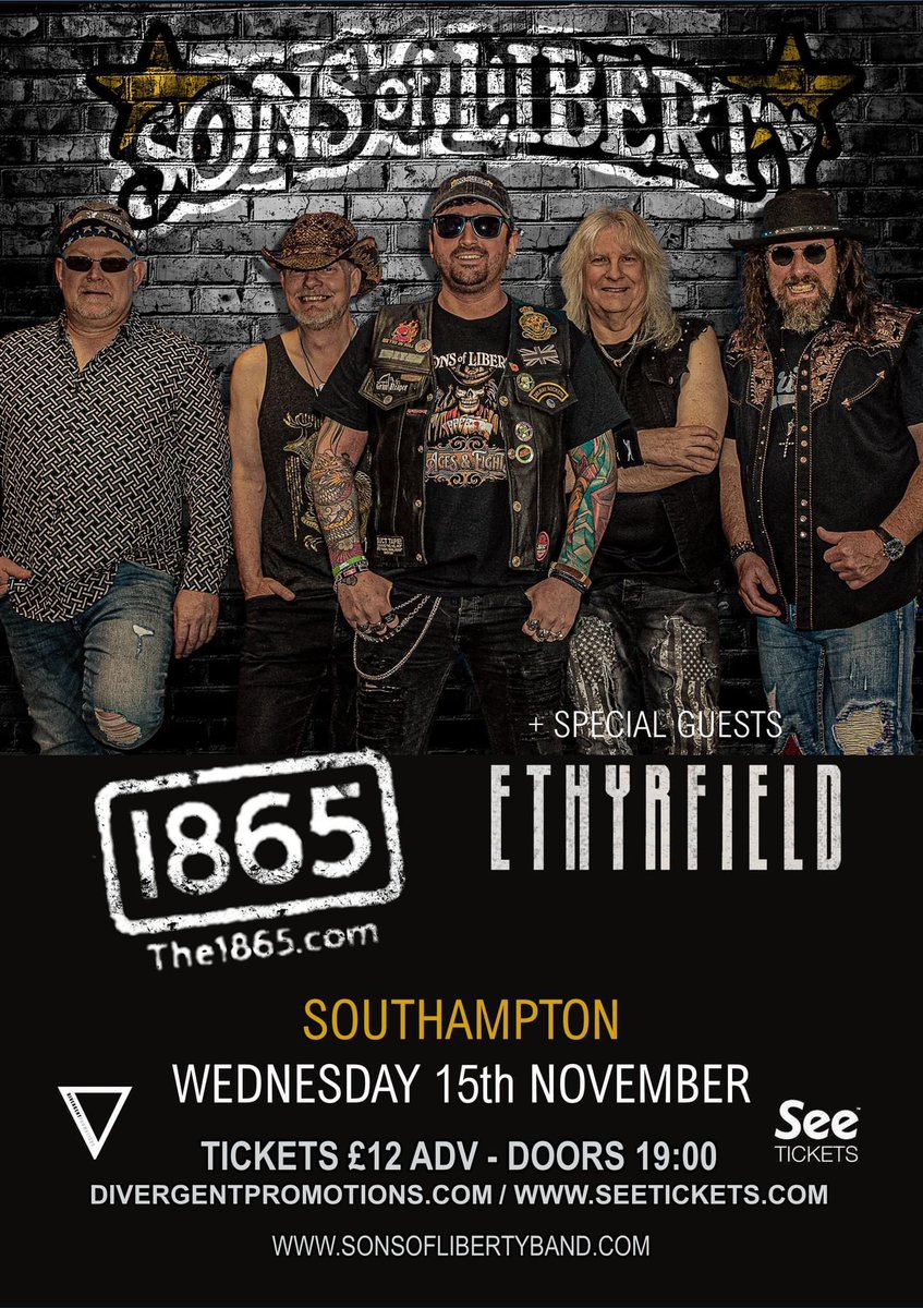 Weds Nov the 15th we're coming to the #the1866 Southampton on our last UK run of shows for 2023 with the awesome @ethyrfield as special guests.... see you there folks! Tickets: the1865.store/events/sons-of… #timetofly #livemusic #classicrock #southernrock #RockTour #southampton