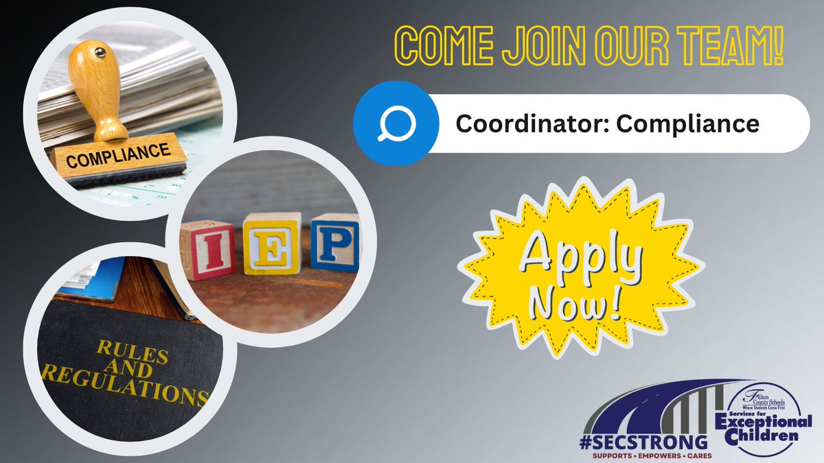 FCS SEC (@fcs_sec) on Twitter photo Don't miss out on an amazing opportunity to join our talented team as a Coordinator for Compliance-Zones 1-4! Click the link below for more details and to apply today! #SECSTRONG <a href="/GillandTris/">Tris Gilland</a> <a href="/SherryCP3/">Sherry Peterson</a> <a href="/YolandaBW/">Dr. Yolanda Brownlee</a>
Click here: jobs.fultonschools.org/job/Atlanta-Co… Don't miss out on an amazing opportunity to join our talented team as a Coordinator for Compliance-Zones 1-4! Click the link below for more details and to apply today! #SECSTRONG <a href="/GillandTris/">Tris Gilland</a> <a href="/SherryCP3/">Sherry Peterson</a> <a href="/YolandaBW/">Dr. Yolanda Brownlee</a>
Click here: jobs.fultonschools.org/job/Atlanta-Co…
