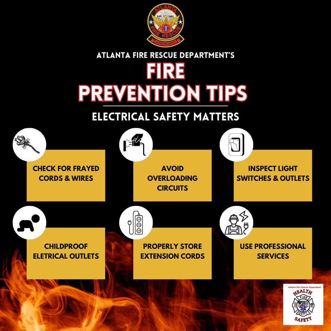 Today's AFRD Fire Prevention Tip is on Electrical Safety.🔌 Faulty wiring, frayed cords, and overloaded outlets can lead to fires. Hire a professional electrician to inspect your home's electrical system at least once a year to avoid house fires. @ATLPreparedness #AFRD 🚒🔥